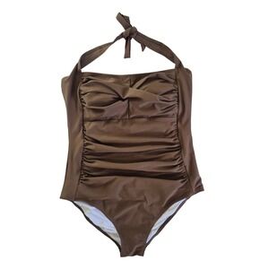 Smismivo Womens Brown Ruched Tummy Control Halter One Piece Swimsuit Large NWT